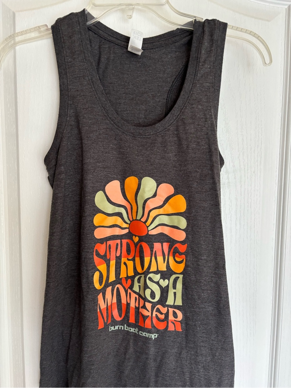 District Charcoal Gray Tank with Multicolor Dot Graphic. Burn Boot Camp